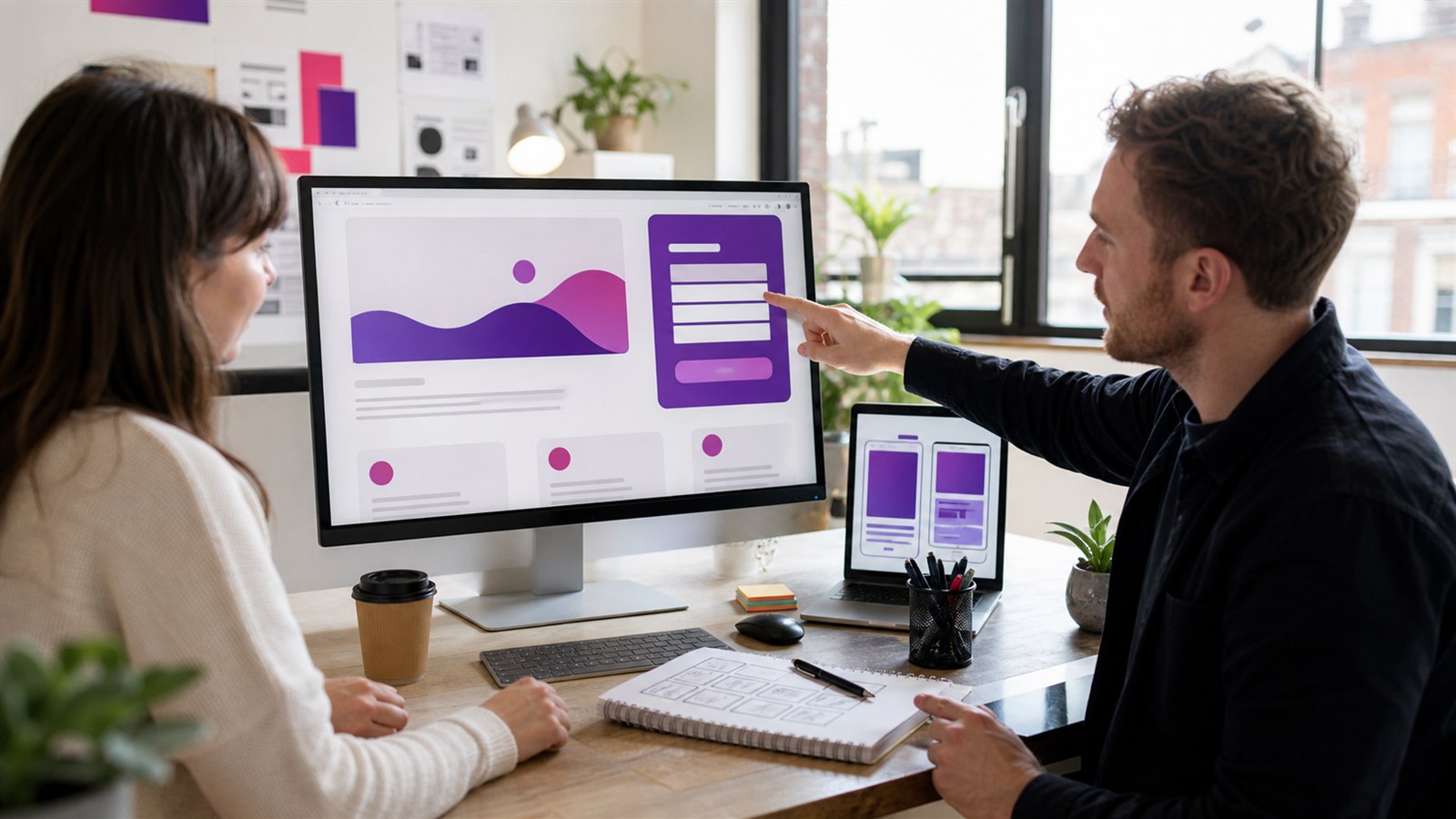 Designer and business owner reviewing a focused landing page