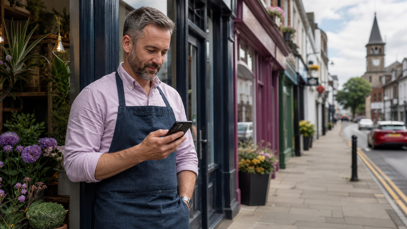 UK small business owner checking local search visibility outside a high street shop