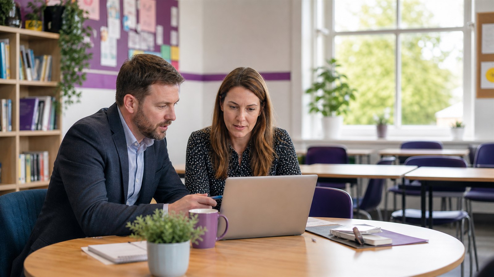 Education provider reviewing digital enrolment enquiries in a UK learning centre