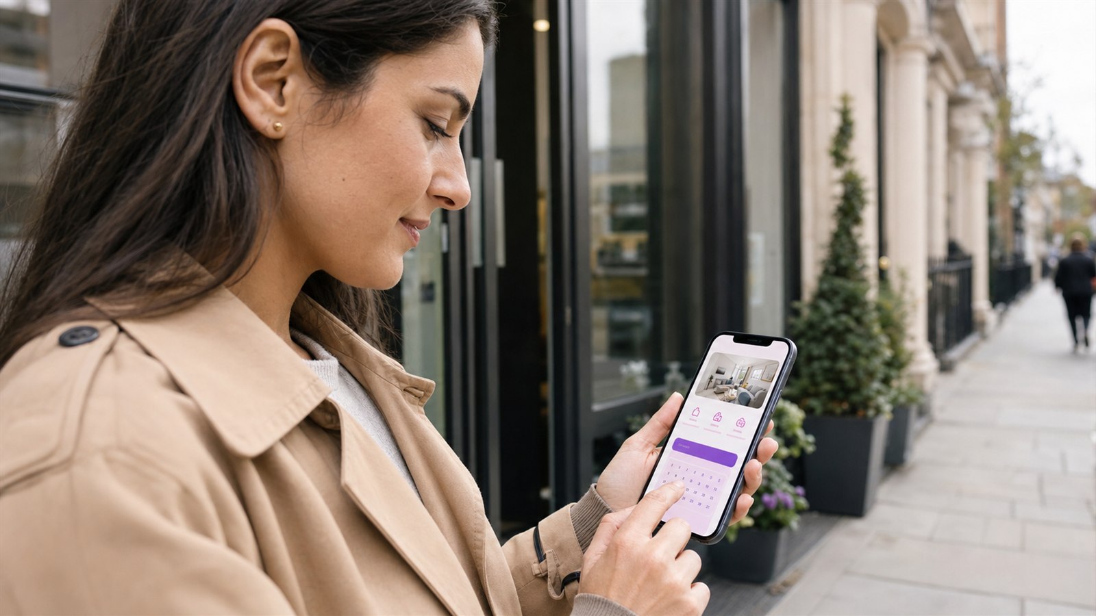 Customer using a mobile-friendly service business website on a UK high street