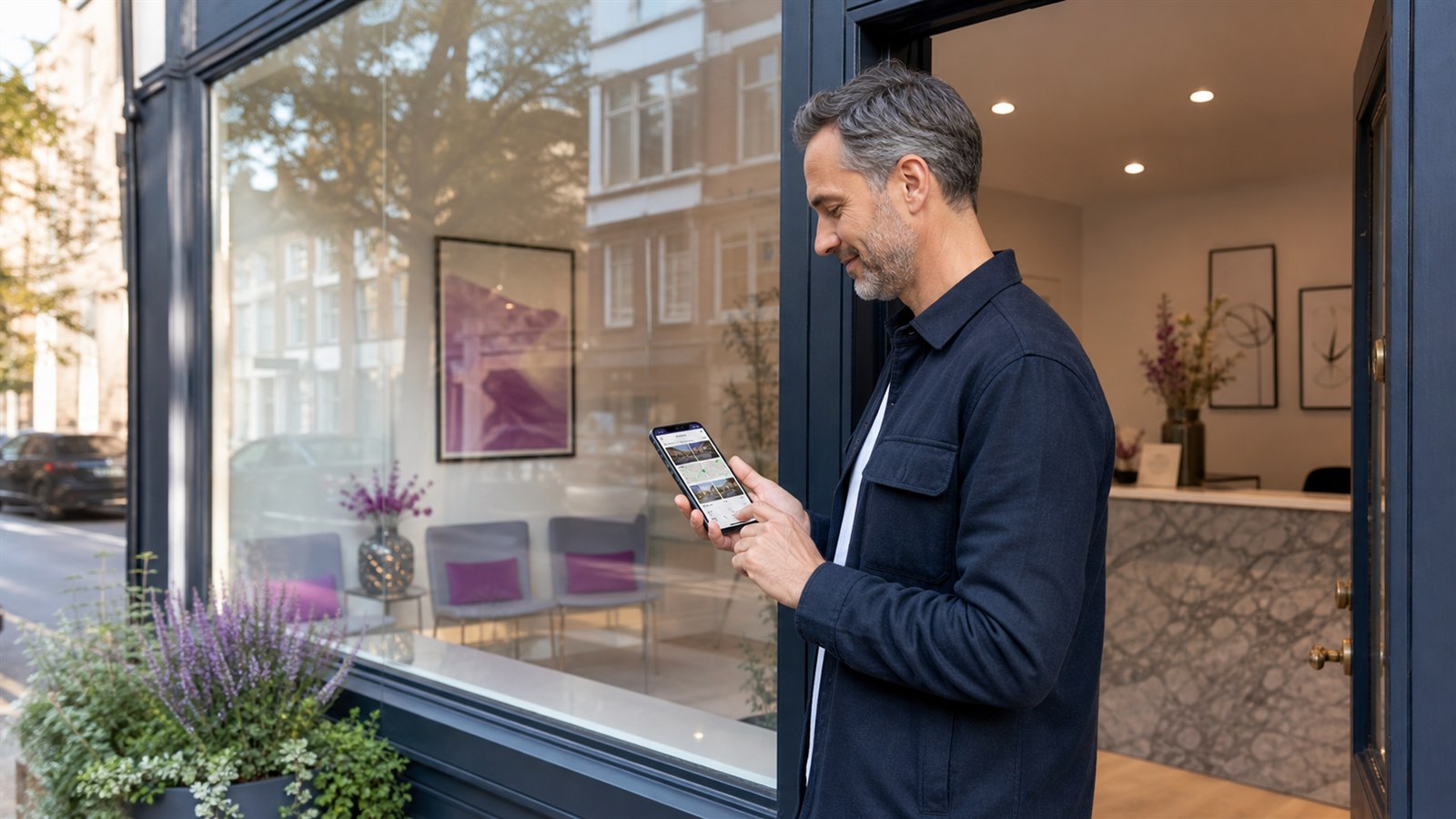 Local business owner reviewing a map listing outside a UK clinic