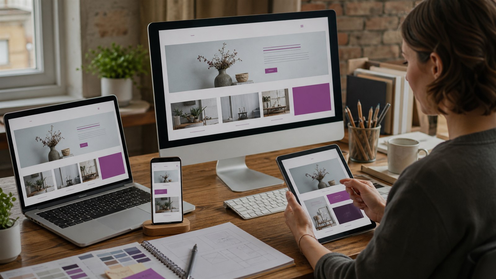 Web designer checking a responsive small business website across several devices