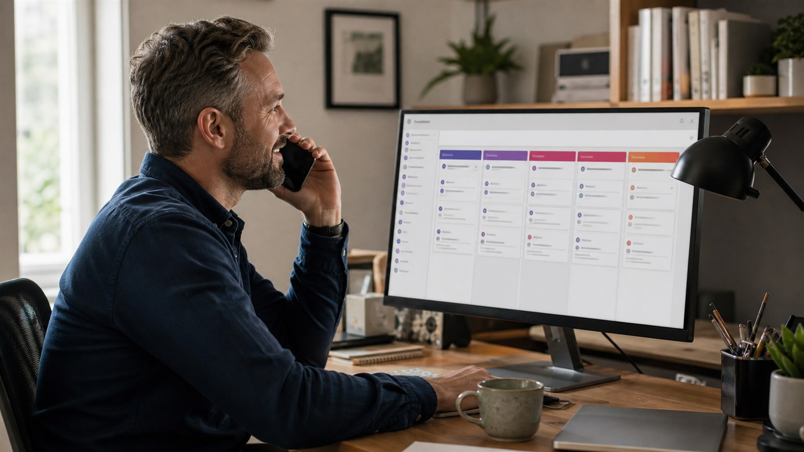 Small business owner managing a customer pipeline while answering an enquiry